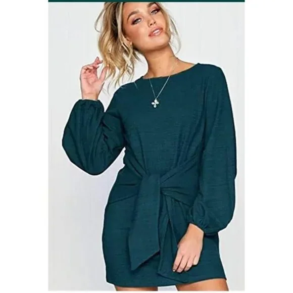 PRETTYGARDEN Womens L Elegant Long Lantern Sleeve Short Dress Crewneck Tie Waist - Picture 1 of 6